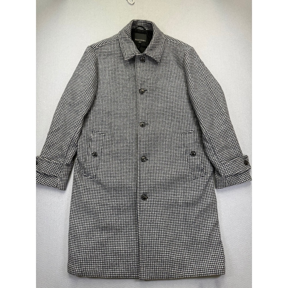 Banana Republic Mens Houndstooth Wool Blend Car Coat Black White L